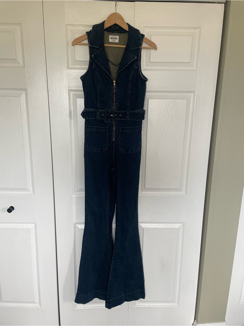 Show Me Your MuMu Dark Blue Denim Flare Jumpsuit with Belt - Picture 5 of 8